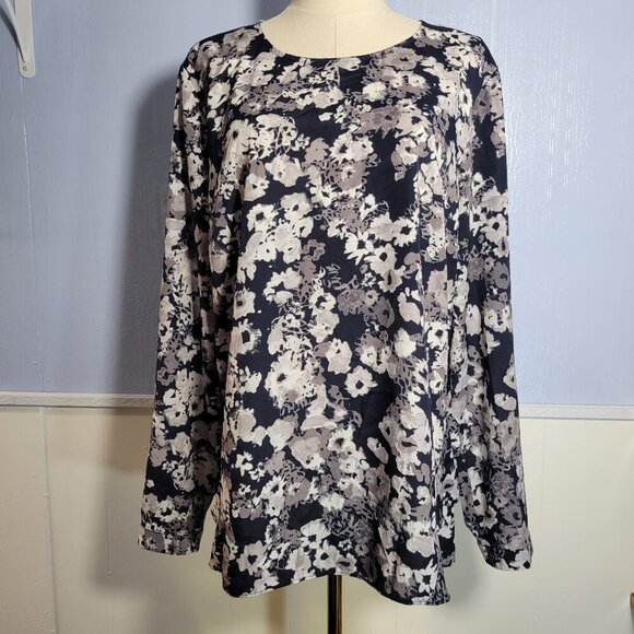 Unbranded 1X Navy Gray Floral Lightweight Chiffon Longsleeve Summer Blouse - Picture 1 of 10